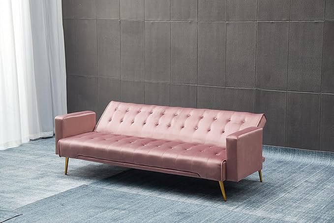 Eafurn Convertible Futon Sofa Bed, 75″Velvet Fabric Futons Loveseat Couch with Adjustable Backrest, Folding Sleeper Recliner Daybed for Living Room Furniture | Golden Legs, Wood Frame