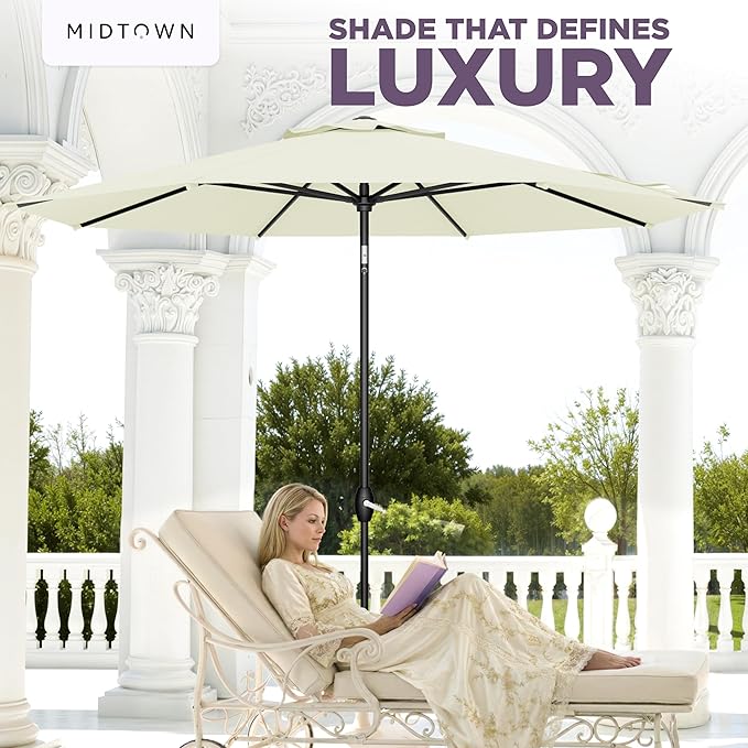 Midtown Umbrellas - The Lean 10 Ft Patio Umbrella with Fade-Resistant Sunbrella Fabric, Auto-Tilt Aluminum Frame and 8 Reinforced Ribs for Deck, Pool & Garden - Canvas Natural Canopy, Black Pole