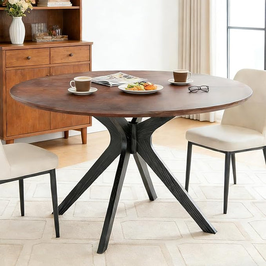 Bellemave Round Dining Table for 4-6, Solid Wood 47" Kitchen Table with Intersecting Pedestal Base, for Kitchen, Dining Room, Living Room (Walnut+Black)