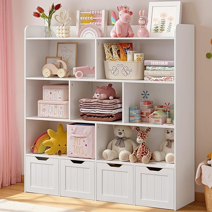 Gizoon Toy Storage Cabinet and Kids Bookcase with 4 Movable Drawers and 8 Open Shelves Toy Chest Shelf Organizer with Hidden Wheels for Playroom Nursery Kids Room, White