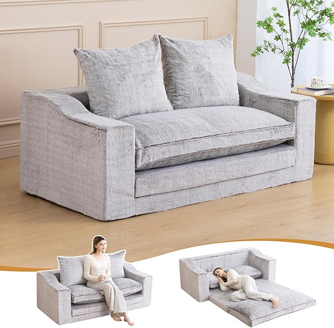 61" Convertible Sofa Bed Loveseat, Memory Foam Boneless Floor Couch with Removable Faux Fur Cover, Tri-folding Compact Full-size Sleeper for Small Living Room, Playroom, Guest Room, RV (White-Coffee) | Convertible Sofa Bed, Premium Memory Foam, Ergonom...