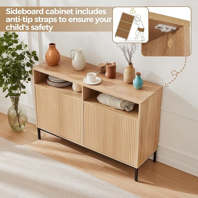 46.4" Fluted Sideboard Buffet Cabinet with Storage, Coffee Bar Console Cabinet with 4 Doors and Adjustable Shelves, Modern Wood Credenza for Kitchen, Living Room, Entryway, Natural