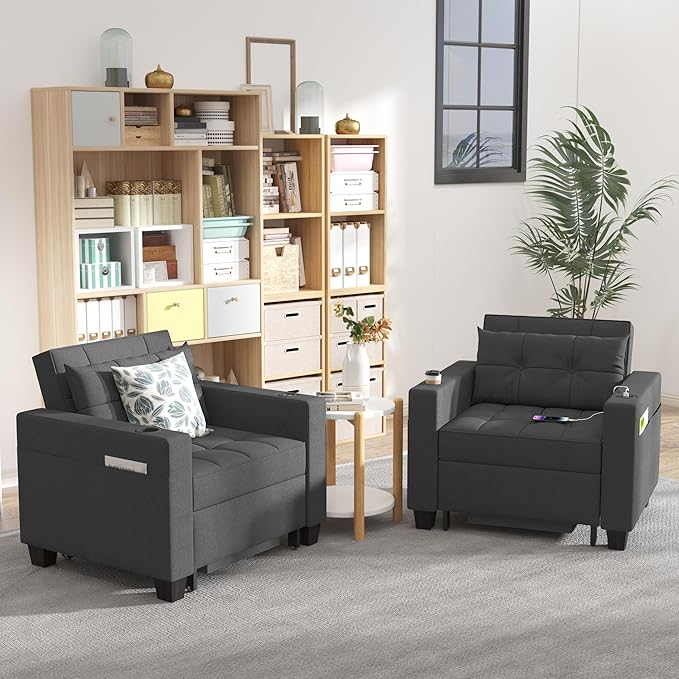 DURASPACE Pull Out Sofa Bed 3-in-1 Convertible Sofa Sleeper Chair Bed with USB, Cup Holder, Adjustable Armchair Beds for Small Spaces, Apartment, Living Room, Office (Dark Gray Linen)