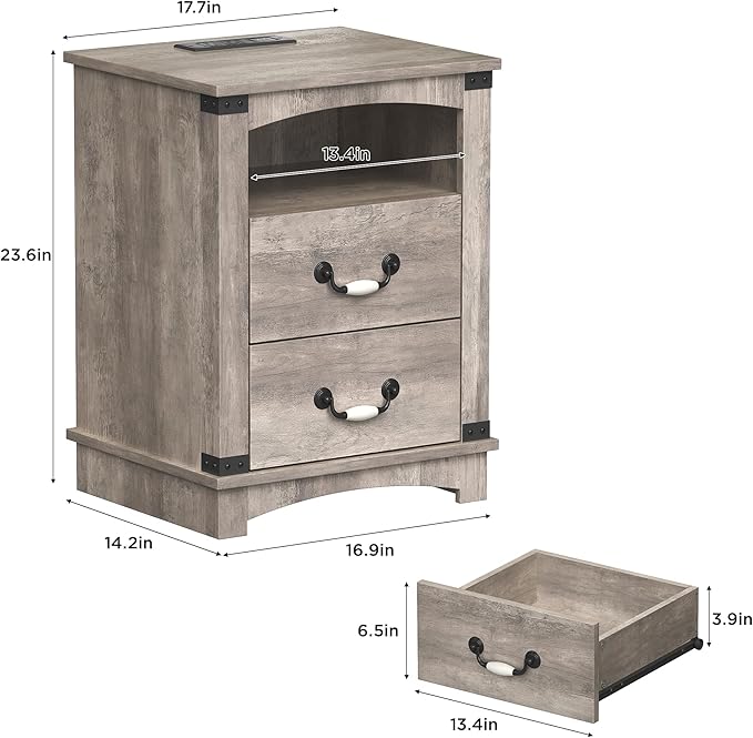 Maupvit Farmhouse Night Stand with Charger Station & Ceramic Handle, Wood Nightstand with 2 Storage Drawers, LED Bedroom Nightstand, Bedside Tables, Grey