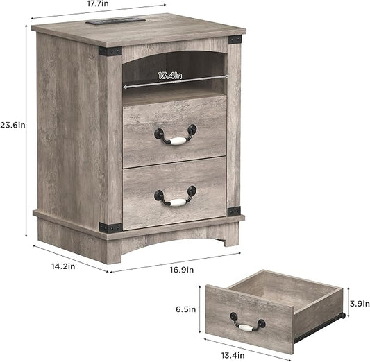 Maupvit Farmhouse Night Stand with Charger Station & Ceramic Handle, Wood Nightstand with 2 Storage Drawers, LED Bedroom Nightstand, Bedside Tables, Grey