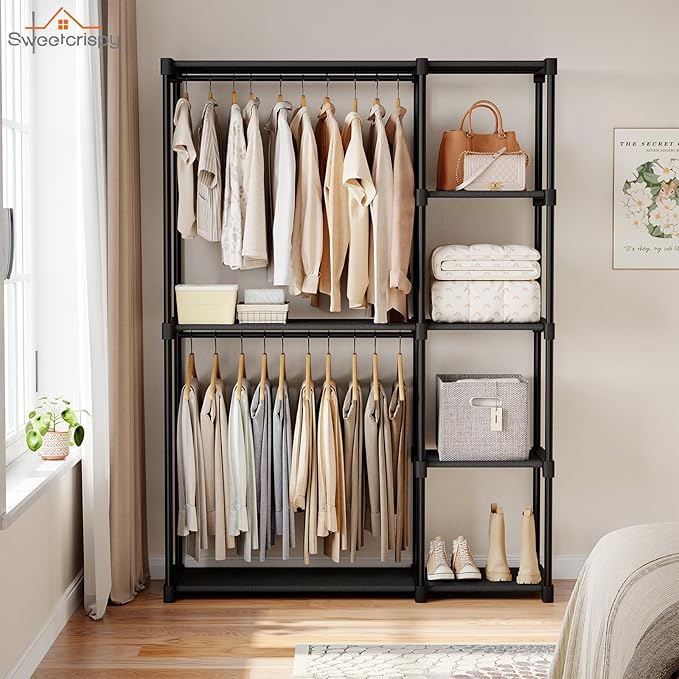 OLIXIS Portable Wardrobe Closet with Hanging Rods, 49 Inch Portable Clothing Rack with Shelves, Heavy Duty Clothes Rack, Freestanding Closet Organizer, 49" L x 15.7" W x 71.65" H