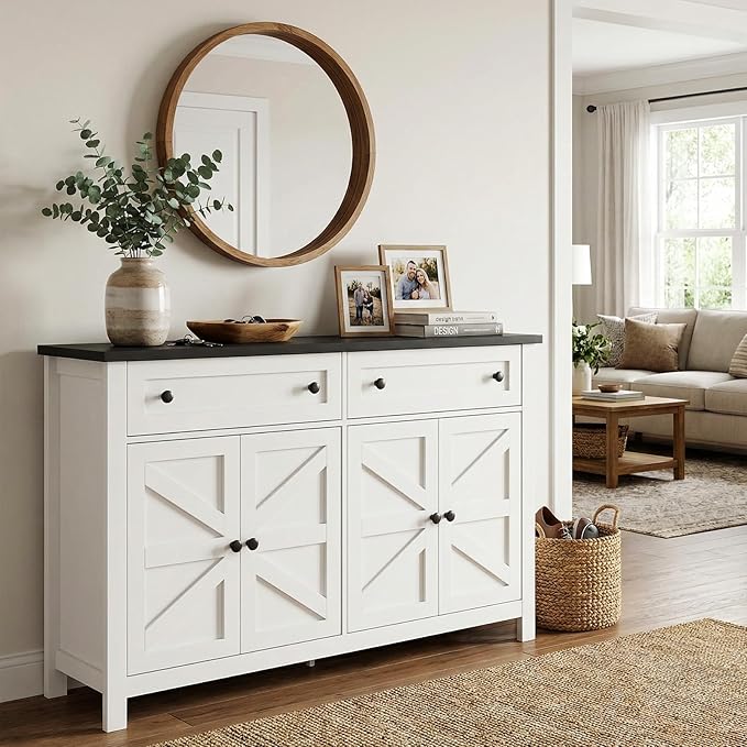 Modern Farmhouse Sideboard Buffet Cabinet 55", Coffee Bar with Adjustable Shelves, Storage Pantry Cabinet for Kitchen, Living Room, Entryway