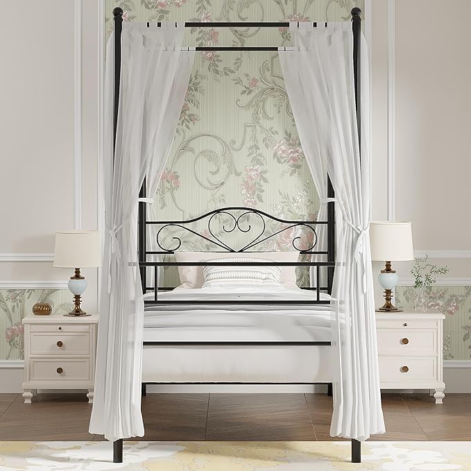VECELO Twin Canopy Bed Frame with Headboard and Footboard, Metal Four Posters Design, Mattress Foundation Platform with Steel Slats Support, Underbed Storage Space, No Box Spring Needed, Black