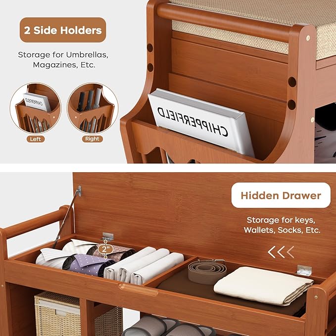47.2in Shoe Bench Entryway - Bamboo Shoe Rack Bench with Storage, Shoe Rack Organizer with Cushion, 2 Side Holder, Holds Up tp 330lbs for Front Door Entrance, Living Room