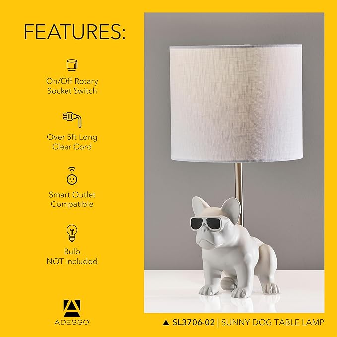 Adesso Sunny Dog Table Lamp – White Ceramic Novelty Lamp for Bedroom and Office Lighting or Living Room Décor, 16” x 8.5”