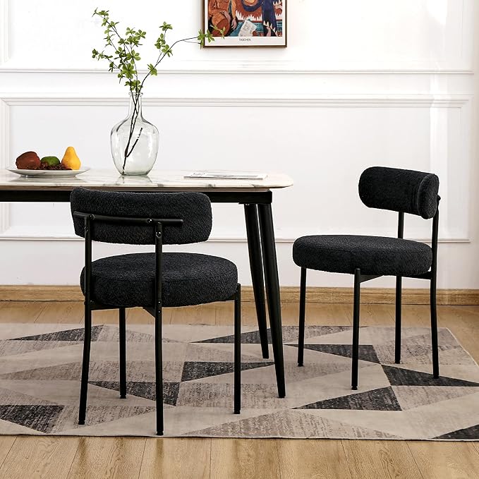 EDWELL Black Dining Chairs Set of 6, Mid-Century Modern Dining Room Chairs with Thick Cushions, Round Upholstered Boucle Dining Chair with Metal Legs for Kitchen, Living Room, Kitchen Chairs