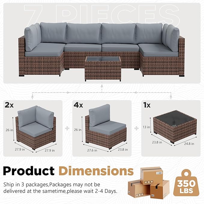 LHBcraft 7 Pieces Outdoor Wicker Rattan Patio Furniture, Wicker Rattan Outdoor Sectional Sofa Set with Coffee Table & Blue Cushions for Garden, Poolside