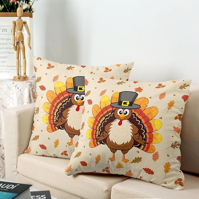 Happy Thanksgiving Pillow Covers 18x18 Cute Cartoon Turkey with Fall Maple Leaves Throw Pillow Covers Square Cotton Blend Pillow Case Set of 2 for Living Room Sofa Bedding