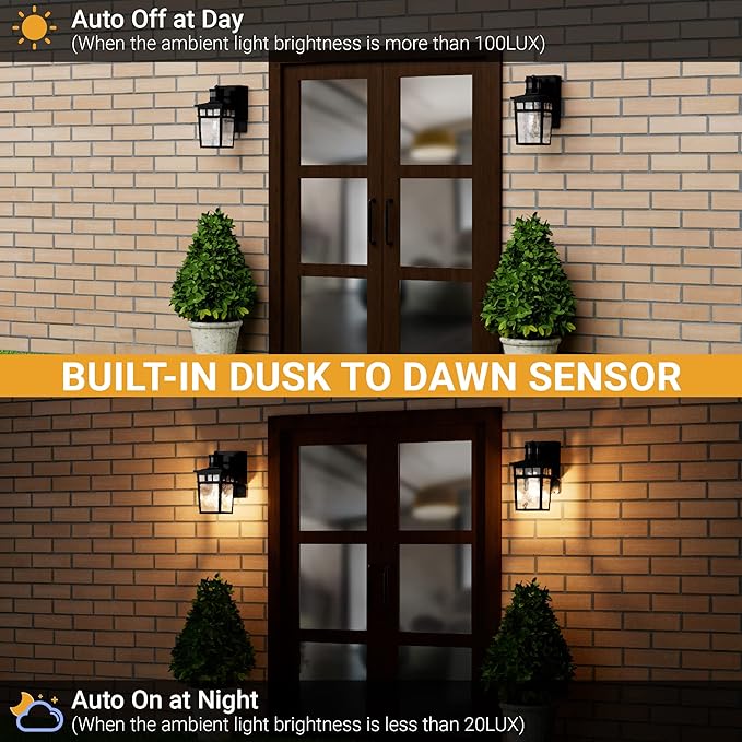 2 Pack Porch Light Outdoor with GFCI Outlet - 3 Lighting Modes Exterior Light Fixture, Dusk to Dawn Motion Sensor Wall Mount Outside Lights for House,Garage,Front Door, Patio