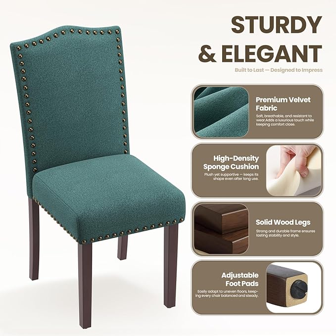 Dining Chairs Set of 4, Soft Comfortable Upholstered Parsons Dining Chairs with High-Density Cushion & Solid Wood Legs, Elegant Nailhead Trim for Dining Room, Kitchen, Living Room – Green
