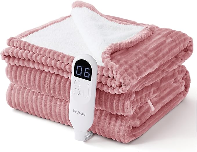 Bedsure GentleSoft Electric Blanket Twin - Soft Ribbed Flannel Heated Blanket, Heating with 10 Time Settings, 6 Heat Settings, and 8 hrs Timer Auto Shut Off (62x84 inches, Pink)