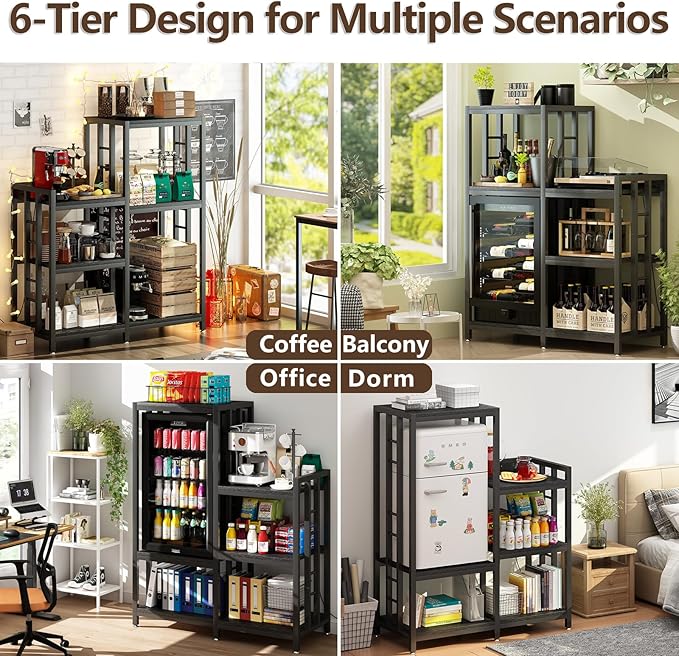 6-Tier Adjustable Mini Fridge Cabinet With Power Outlet,Kitchen Bakers Rack With storage,Mini Fridge And Microwave Stand,Coffee Bar, Free Standing Shelf for Kitchen, Home Office,Balcony,Black