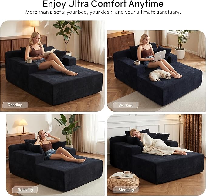 66" Chaise Lounge Chair Indoor, Oversized Boneless Lounge Chair with 3 Pillows, Chenille Cloud Reading Chair for Living Room Bedroom, Deep Seat Sleeper Couch, No Assembly Required