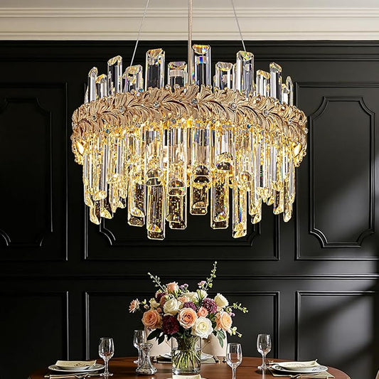 Luxury Crystal Chandeliers for Dining Room,14.9“ Gold K9 Crystal Chandelier,Adjustable Pendant Ceiling Light Fixture with Leaf-Edge for Living Room Foyer Entryway (Brass Gold 3, D15 H10)
