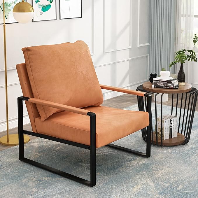 AWQM Modern PU Leather Accent Chair Arm Chair with Extra-Thick Padded Backrest and Seat Cushion Sofa Chairs for Living Room Bedroom, 105 Degree Slant Back, Non-Slip Adsorption Feet-Apricot（Set of 1）