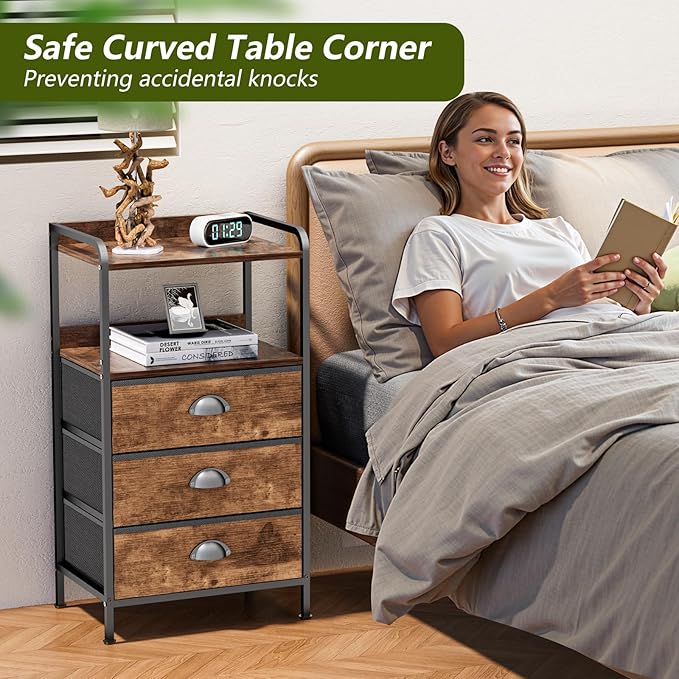 Night Stand with 3 Fabric Drawer and Sturdy Metal Frame, Modern Side Table Lightweight & Durable -55LB Load Capacity, Wear-Resistant & Easy-Clean Surface,Rustic Brown