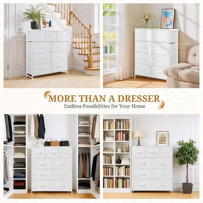 Dresser with 9 Drawers for Bedroom, Fabric Clothes Cabinet for Closet, Anti-Tip Storage Dresser with Metal Frame for Living Room, Entryway, Dorm, White