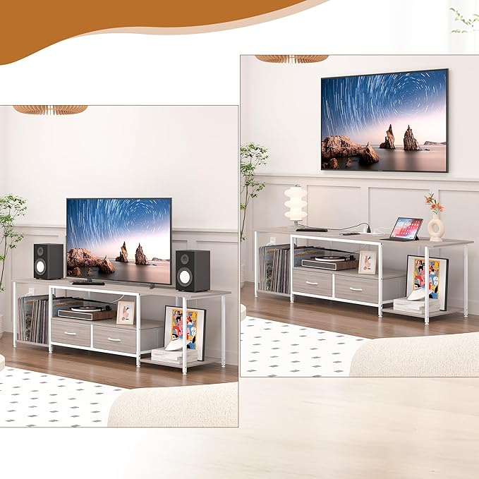 TQVAI 70 Inch TV Stands, Farmhouse Television Stand with Storage Drawer & Opening Shelves for Living Room Bedroom Dorm TV Consoles Entertainment Center with Power Outlets, Retro Grey/White
