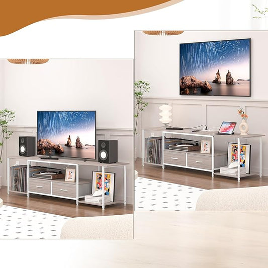 TQVAI 70 Inch TV Stands, Farmhouse Television Stand with Storage Drawer & Opening Shelves for Living Room Bedroom Dorm TV Consoles Entertainment Center with Power Outlets, Retro Grey/White