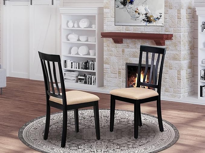 East West Furniture ANC-BLK-C Antique Dining Chairs - Linen Fabric Upholstered Wood Chairs, Set of 2, Black