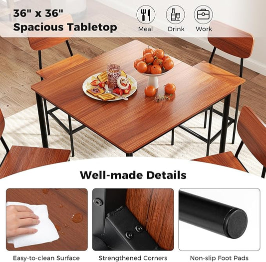 GOFLAME 5-Piece Dining Table Set for Small Space, Kitchen Table and Chairs Set for 4 with Steel Frame, Square Breakfast Table Set, Industrial Counter Height Table Set for Home Restaurant, Walnut