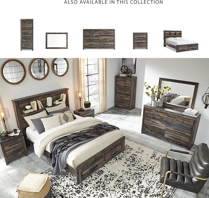 Signature Design by Ashley Drystan Rustic Queen Bookcase Bed with 2 Storage Drawers and LED Light, Foundation or Box Spring Needed, Dark Brown & Gray
