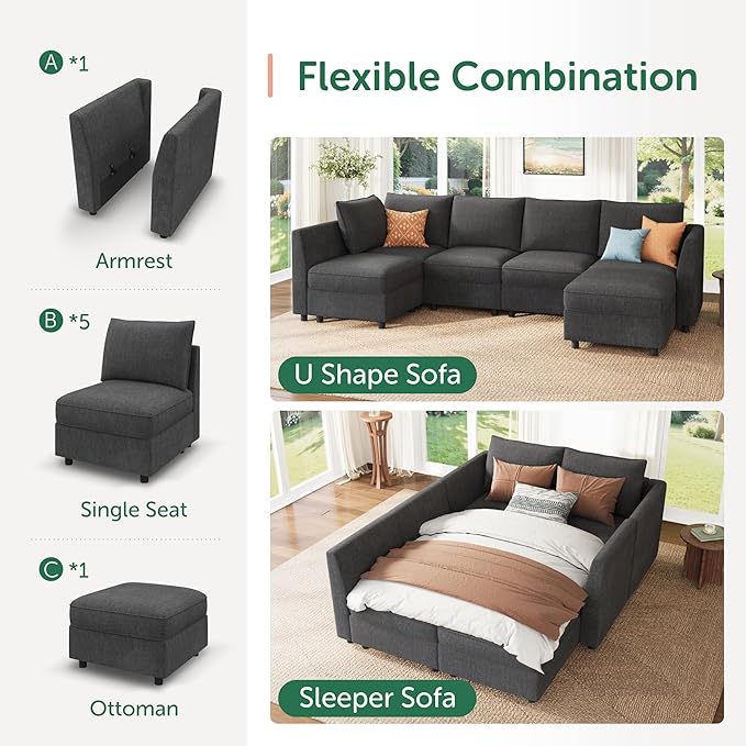 HONBAY Modular Sectional Sofa L Shaped Sectional Couch with Storage, Convertible Couches for Living Room - Snowflake Velvet Grey