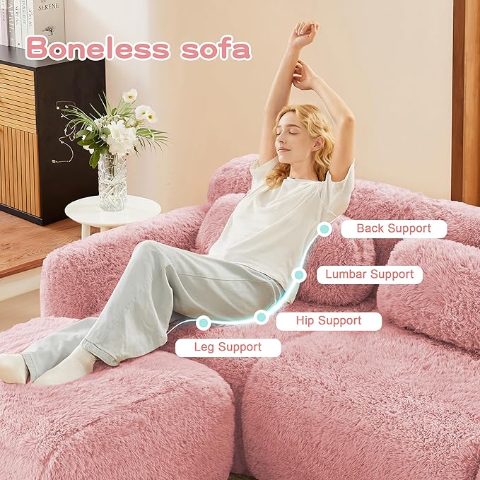 80.4-Inch Boneless Love Seat Couches in a Box, Modern 2 Seat Floor Modular Foam Cloud Sofa Faux Fur Loveseat Couch W/Angle Armrests for Home Apartments Bedroom