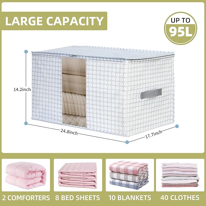 95L Large Freestanding Storage Bags, 5-Pack Waterproof Clothes Storage Bins Foldable Closet Organizers with 2 Durable Handles & Zipper for Blanket, Comforters, Bed Sheets, Pillows, Toys