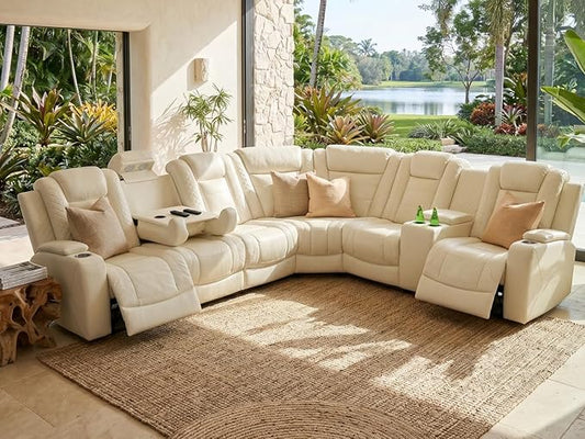 Power Recliner Sectional Sofa,Breathing Leather Reclining Sectional Couches for Living Room, Living Room Furnitures Sets with Cup Holder/USB Charge for Home Office Theater (Creamy White2)