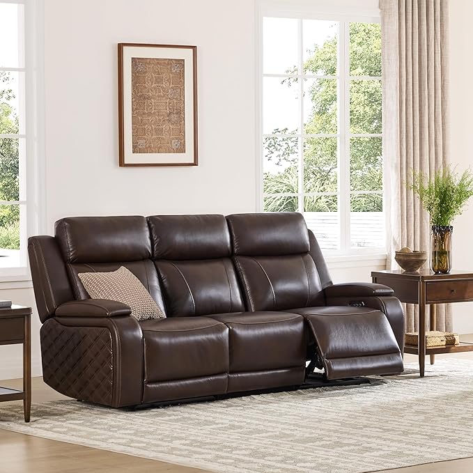Watson & Whitely Genuine Leather Power Recliner Sofa, 3 Seater Zero Gravity Reclining Couch with Power Headrest & Flip Middle Backrest Table, Hidden Storage, Cup Holders for Living Room, Dark Brown