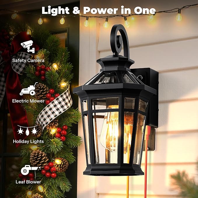 Porch Light with GFCI Outlet, Black Dawn to Dusk Outdoor Light Fixture with Outlet, Exterior Wall Lights with Beveled Glass, Anti-Rust Front Door Lights Wall Mount, Garage Outdoor Lighting, E26