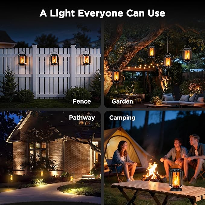 Hompavo Gen2 Solar Lanterns Outdoor Lights with Ultra-Real Flame, 2 Charging (USB/Solar) & 2 Modes - Waterproof Decorative Hanging/Table Lights for Pathway Yard Patio Garden Decor Gifts for Women, 4
