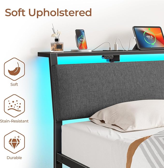 Rolanstar Twin Bed Frame with Ergonomic Headboard Storage & Charging Station, Upholstered Platform Bed with LED Light & Drawer, Heavy Duty Metal Slats, Noise Free, No Box Spring Needed, Grey