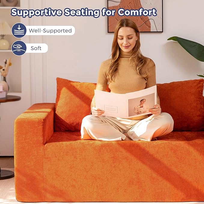 MAXYOYO Modular Sofa Couch, 61" Loveseat Boneless Cloud Couch with Deep Seat, Chenille Upholstered Living Room Sleeper Sofa Chair for Living Room, No Assembly Required, Orange