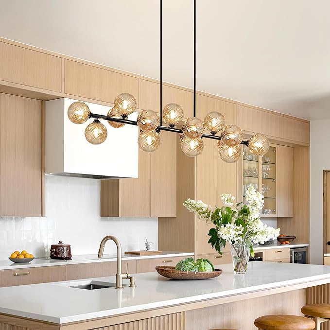 Linear Sputnik Chandelier, 55" Dining Room Light Fixture Modern Chandelier with Amber Swirled Globe 16 Lights Long Chandeliers for Dining Room Kitchen Island Large Chandelier for High Ceilings