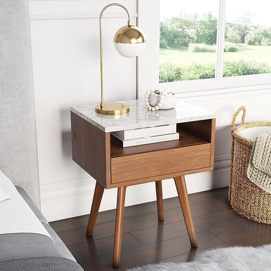 Nathan James Mid-Century Rectangle Accent Side or End Table Walnut Finish Wood and Faux Marble Top with Storage Nightstand, Frame, White/Brown