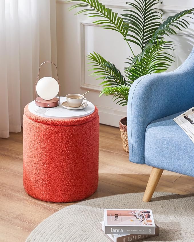 IBUYKE Storage Ottoman Set of 2 Round Ottoman Fleece Vanity Stool with Storage Velvet Footrest Stool End Table Boucle Ottoman for Home Organization UWBD015J
