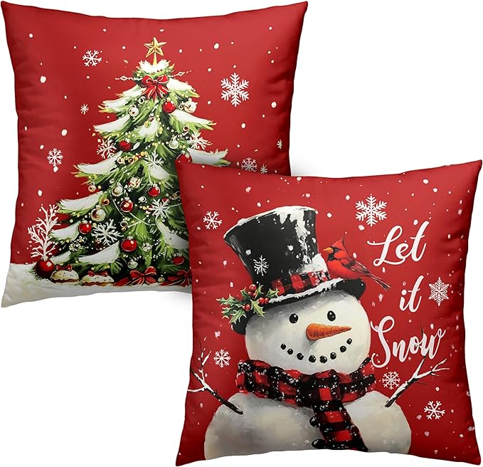 Red Christmas Pillow Covers Snowman Throw Pillow Covers Xmas Tree Pillow Case 16x16 Winter Snowflakes Cotton Blend Cushion Case for Holiday Decor Couch Sofa 2 Pack