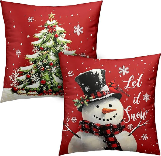 Red Christmas Pillow Covers Snowman Throw Pillow Covers Xmas Tree Pillow Case 24x24 Winter Snowflakes Cotton Blend Cushion Case for Holiday Decor Couch Sofa 2 Pack