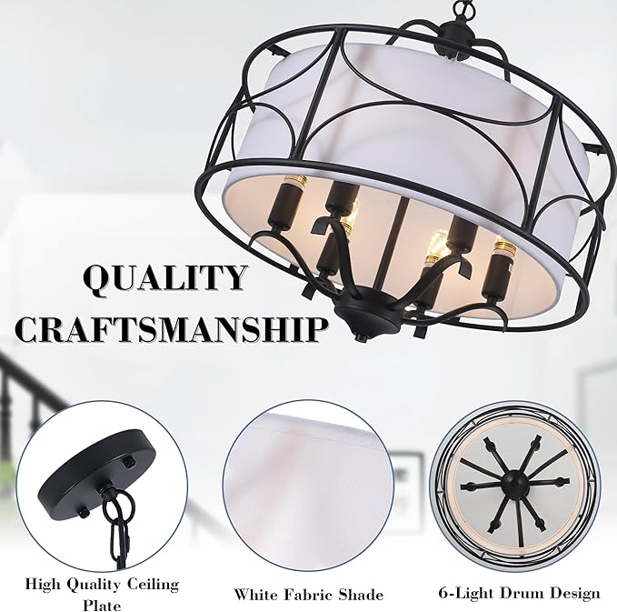 20" Large Black Drum Chandelier - 6 Lights Adjustable Height Modern Farmhouse Pendant Light Fixtures with White Fabric Shade for Kitchen Island Vintage Foyer Entryway Living Room Bedroom
