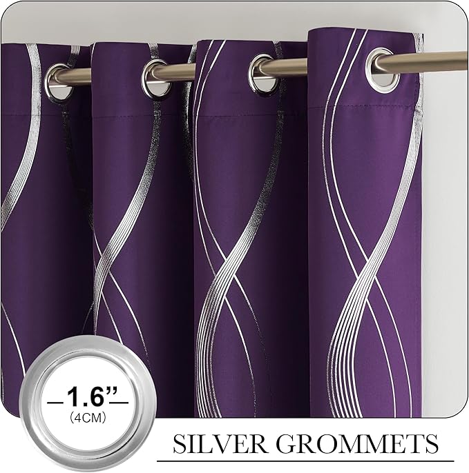 NICETOWN Royal Purple Blackout Curtains 84 inch Long for Living Room, Gothic Vibe for Wave Line Foil Print Design Drapes for Home Decoration Wall Cover, 2 Panels