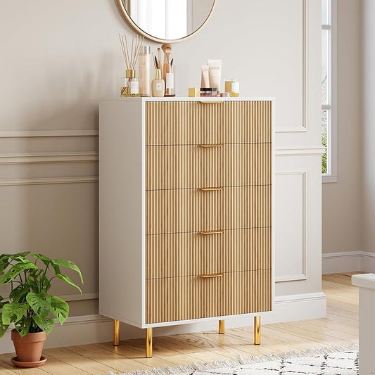 GarveeHome Natural Dresser, Modern 5 Drawer Dresser for Bedroom with Gold Handle and Large Drawer, Wood Double Chest of Drawers and Storage Organizer for Living Room, Hallway, Entryway