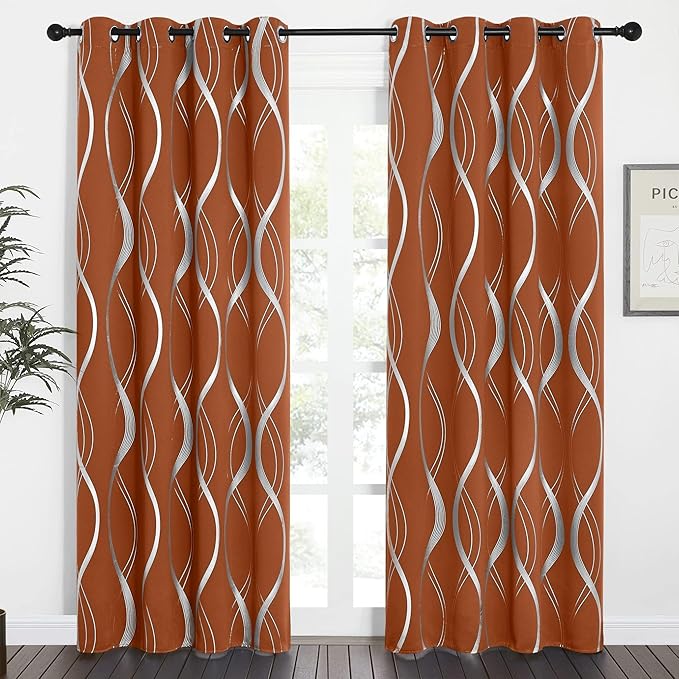 NICETOWN Burnt Orange Blackout Curtains for Living Room 84 inch Long 2 Panels, 52x84, Easy Care Solid Thermal Insulated Wave Line Foil Printed Grommet Room Darkening Drapes for Bedroom Decoration