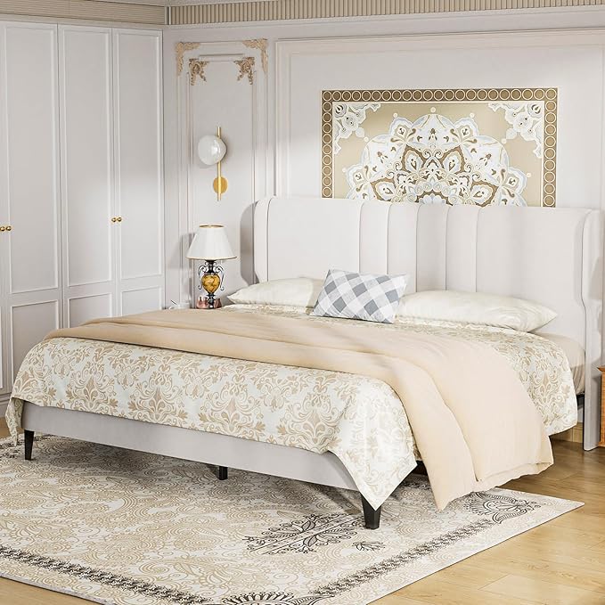 GTPLAYER King Size Bed Frame, Upholstered Platform Bed Frame with USB Type-C Tall Headboard Wingback, Soft Velvet Fabric, No Box Spring Needed, Easy Assembly, Cream